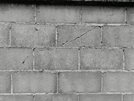 Close-up of White cement crack block wall and peeled paint caused by water and sunlight. Peel wall of White house paint with black stain. Black and White of Texture background.の写真素材