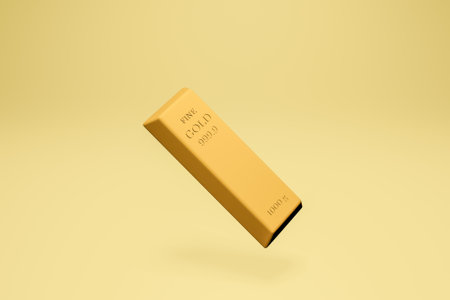 Fine golden bar weight of 1000 grams on yellow pastel background. Minimal 3D Rendering. Banking, Investment and Financial concept. Wealth and investment.の写真素材