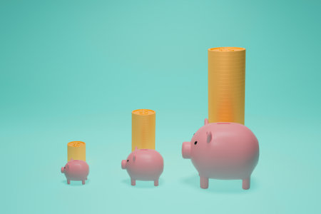 Pink piggy bank with dollar coin stack growing on green pastel background. Minimal 3D Rendering. saving money Banking, Investment and Financial . Wealth and investment.の写真素材