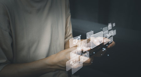 Cloud computing technology concept. Businessman search for information with hologram via tablet and smart pen. Planning and strategy concept. Success business concept.の写真素材