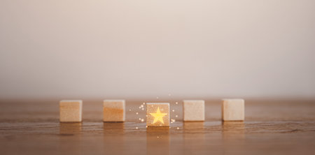 5 Star rating on wood block square. Customer service evaluation and satisfaction and feedback survey concept for best excellent business rating experience.の写真素材