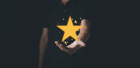 Star rating on hand man. Customer evaluation feedback. Customer service evaluation and satisfaction...