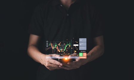 Success business concept. Businessman hand touch hologram of Stock chart or Cryptocurrency chart...