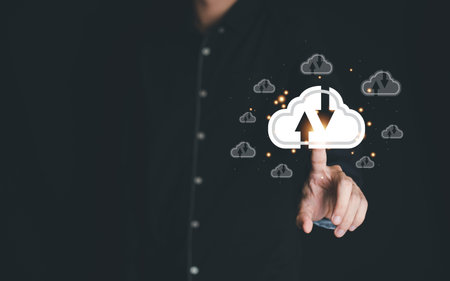 Businessman finger touch cloud computing technology concept. Internet storage network system. Big...