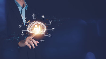 AI (Artificial intelligence) concept. Businessman hand touch brain hologram technology. Business...