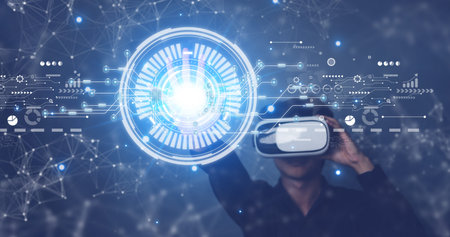 Businessman wearing VR glasses with interface in virtual cyberspace. Global in metaverse and...