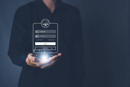 Businessman login with username and password for technology cyber security internet and networking system. Information security and encryption concept. Surveillance of Personal databaseの写真素材