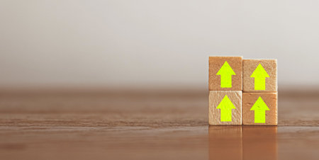 Woods block square with green arrow growing, Statistics chart graph. Success startup business...
