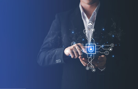 Businessman login with username and password with hold smartphone for technology cyber security...