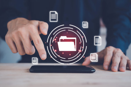 Document Management System (DMS). Digital online document database and paperless office. Businessman...