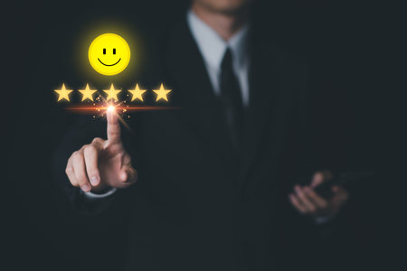 Businessman customer reviews 5 Stars, Smile with smartphone. Customer service evaluation and...