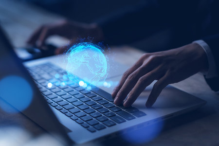 Global Internet connection application technology with businessman use notebook (Laptop). Digital marketing, Big data, Financial banking, Application on computer.の写真素材
