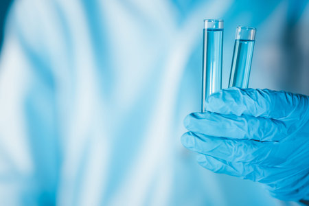 Scientist hand hold test tubes filled with blue sample chemicals in chemistry science laboratory....
