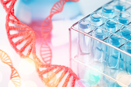 DNA, Chromosome structure. Healthcare and science technology. Testtube filled with sample chemicals in chemistry, biology, biotechnology laboratory. Innovation medicine, medical research. Glassware.の写真素材