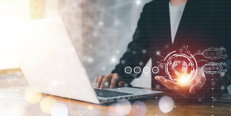 Global network connection, Social network communication. Businessman hand hold virtual global. Link digital marketing. Internet data exchange, digital transformation, metaverse, big data visualizationの写真素材