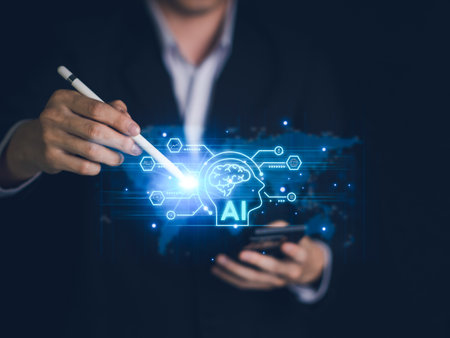 AI (Artificial intelligence) growing with brain. Businessman data analytics information trends with smartphone and smartpen. Business technology link digital marketing. Big data and Financial bankingの写真素材