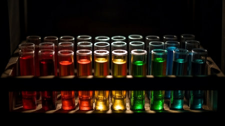 Different coloured Test tubes filled with chemicals sample for experimental in chemistry science laboratory. Glassware in medical research. Scientific lab for Biotechnology. Generative AIの素材