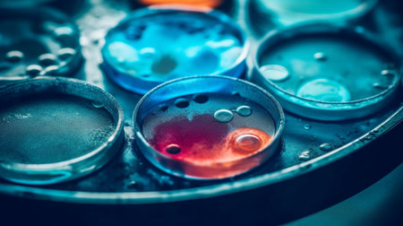 Red bacteria and virus cells in petri dish at scientific laboratory. Mold culture PDA agar. Experimental for biochemistry, Biotechnology, Biology science laboratory. Generative AIの素材