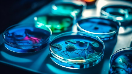 Blue bacteria and virus cells in petri dish at scientific laboratory. Mold culture PDA agar. Experimental for biochemistry, Biotechnology, Biology science laboratory. Generative AIの素材