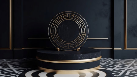Circle podium with black and gold art deco pattern and sunlight. Mock-up showcase for product branding banner and cosmetics product. Product presentation minimal. Generative AIの素材