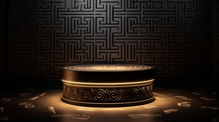 Circle podium with black and gold art deco pattern and sunlight. Mock-up showcase for product branding banner and cosmetics product. Product presentation minimal. Generative AIの素材