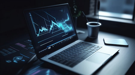 Stock, Cryptocurrency chart trader. Business growing with virtual increasing technical graph and up arrow for trader analysis on notebook (Laptop) Trading, investment. Generative AIの素材