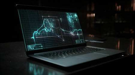 Stock, Cryptocurrency chart trader. Business growing with virtual increasing technical graph and up arrow for trader analysis on notebook (Laptop) Trading, investment. Generative AIの素材