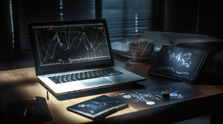 Stock, Cryptocurrency chart trader. Business growing with virtual increasing technical graph and up arrow for trader analysis on notebook (Laptop) Trading, investment. Generative AIの素材