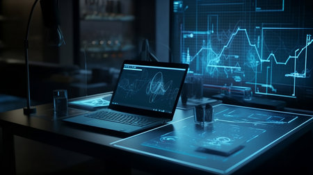 Stock, Cryptocurrency chart trader. Business growing with virtual increasing technical graph and up arrow for trader analysis on notebook (Laptop) Trading, investment. Generative AIの素材