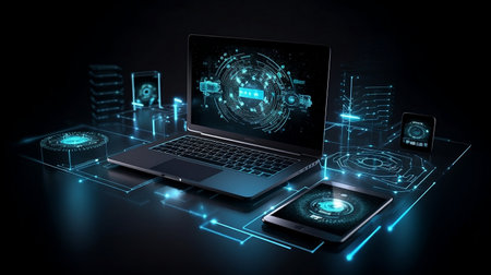 Stock, Cryptocurrency chart trader. Business growing with virtual increasing technical graph and up arrow for trader analysis on notebook (Laptop) Trading, investment. Generative AIの素材
