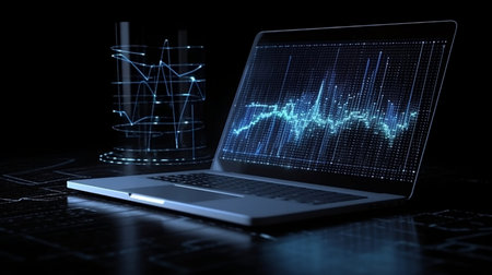 Stock, Cryptocurrency chart trader. Business growing with virtual increasing technical graph and up arrow for trader analysis on notebook (Laptop) Trading, investment. Generative AIの素材