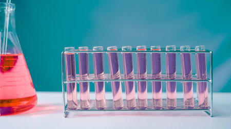 Test tube and erlenmeyer flask filled red, purple chemicals sample for experimental in chemistry science laboratory. Glassware in medical research. Scientific lab for Biotechnologyの写真素材