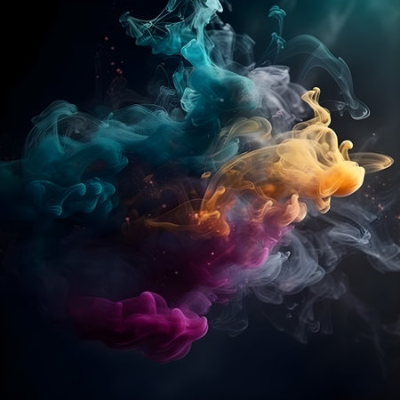 Colorful ink drops in water. Shiny glowing sparkling cloud smoke. Abstract orange, blue, cyan, pink, red, purple art paint background. Generative AIの素材