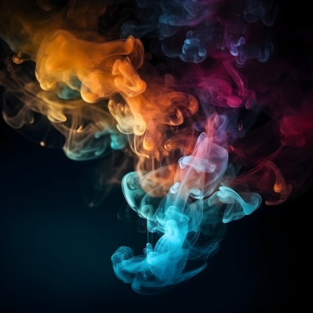 Colorful ink drops in water. Shiny glowing sparkling cloud smoke. Abstract orange, blue, cyan, pink, red, purple art paint background. Generative AIの素材