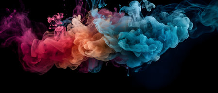 Colorful ink drops in water. Shiny glowing sparkling cloud smoke. Abstract orange, blue, cyan, pink, red, purple art paint background. Generative AIの素材