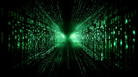 Green binary code. Number matrix background. Computer cyber hacker and internet information security. Technology, Hacker computer,  Algorithm, Programmer, Hud interface and Coding. Generative AIの素材