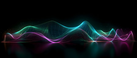 Colorful rainbow neon wavy neon lines glowing. Cyan, green, purple, red, orange abstract futuristic background. Electronic music virtual equalizer, sound wave visualization. Generative AIの素材