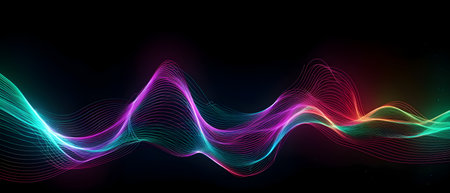 Colorful rainbow neon wavy neon lines glowing. Cyan, green, purple, red, orange abstract futuristic background. Electronic music virtual equalizer, sound wave visualization. Generative AIの素材