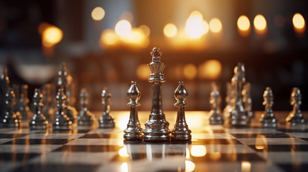 Silver knight chess figures on a  chess board with a fire background. Generative AIの素材