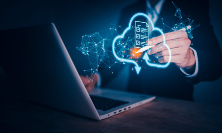 Cloud connection computing technology concept with businessman use laptop (Notebook). Data transfer...