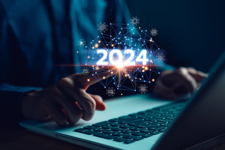 Business growing in 2024. Businessman hand touch virtue screen with laptop. New business startup and...