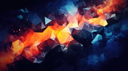 Dark blue and orange triangle low polygon. Rose gold geometric triangular polygonal. Abstract mosaic background. Generative AIの素材