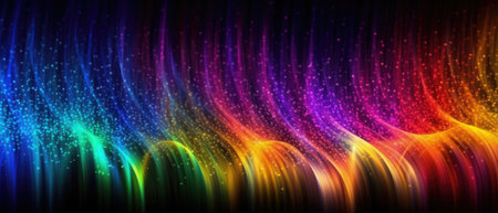 Rainbow glow wave particle abstract background. Light blurred of colorful light glitter. Glow texture background. Generative AIの素材