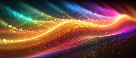 Rainbow glow wave particle abstract background. Light blurred of colorful light glitter. Glow texture background. Generative AIの素材