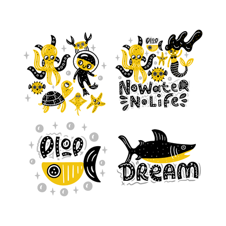 Underwater world. Cute vector illustration with lettering. Nursery printのイラスト素材