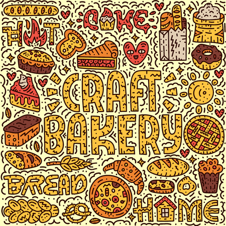 Craft bakery lettering card. Doodle vector illustration. Cartoon vector concept.のイラスト素材