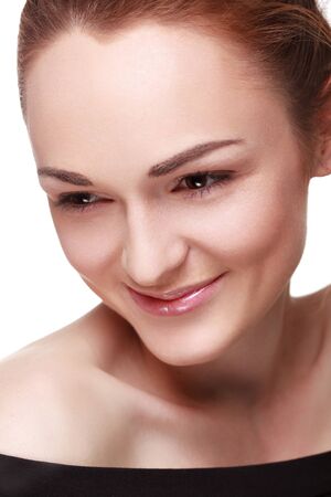 Fresh clear healthy skin on the face of beautiful woman isolated on whiteの写真素材