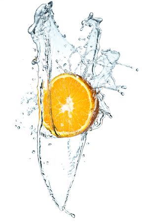 Orange with water splash on white backgroundの写真素材