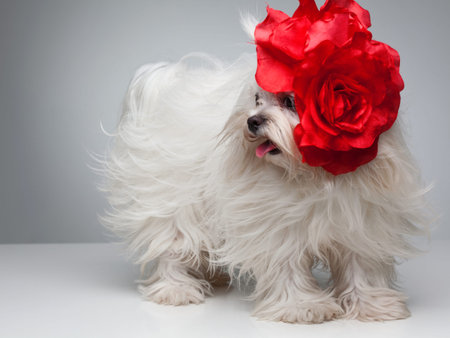 Funny dog. Maltese dog with red bow on head