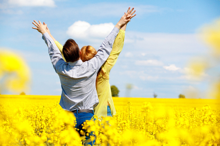 Portrait of attractive young couple in love outdoors. Love and freedomの写真素材